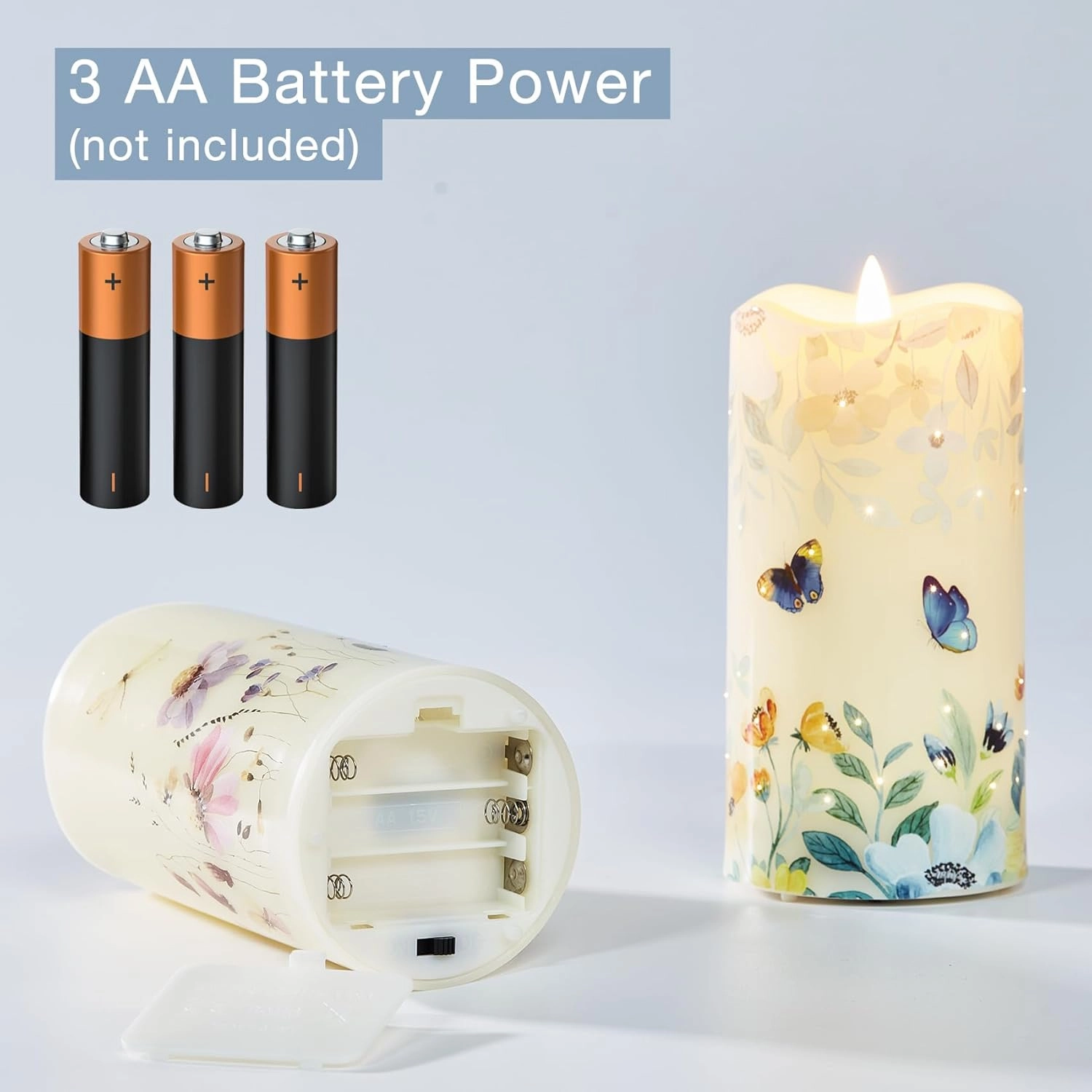 Eywamage Fiber Optic Flameless Candles Set of 3, Butterfly Floral Candles Battery Operated, LED Pillar Candles with Remote Φ 3" H 6"