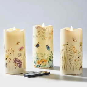 Eywamage Fiber Optic Flameless Candles Set of 3, Butterfly Floral Candles Battery Operated, LED Pillar Candles with Remote Φ 3" H 6"