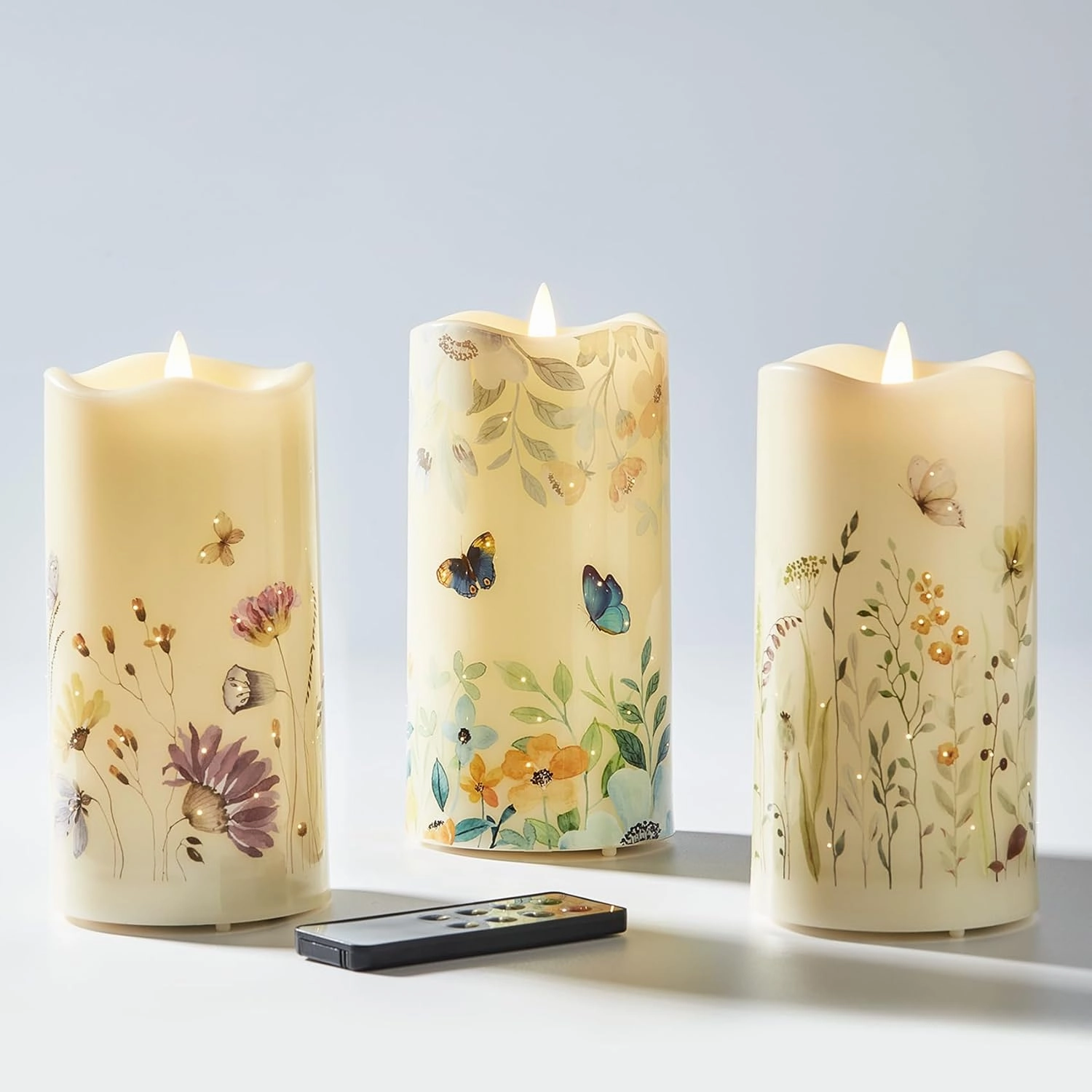 Eywamage Fiber Optic Flameless Candles Set of 3, Butterfly Floral Candles Battery Operated, LED Pillar Candles with Remote Φ 3" H 6"