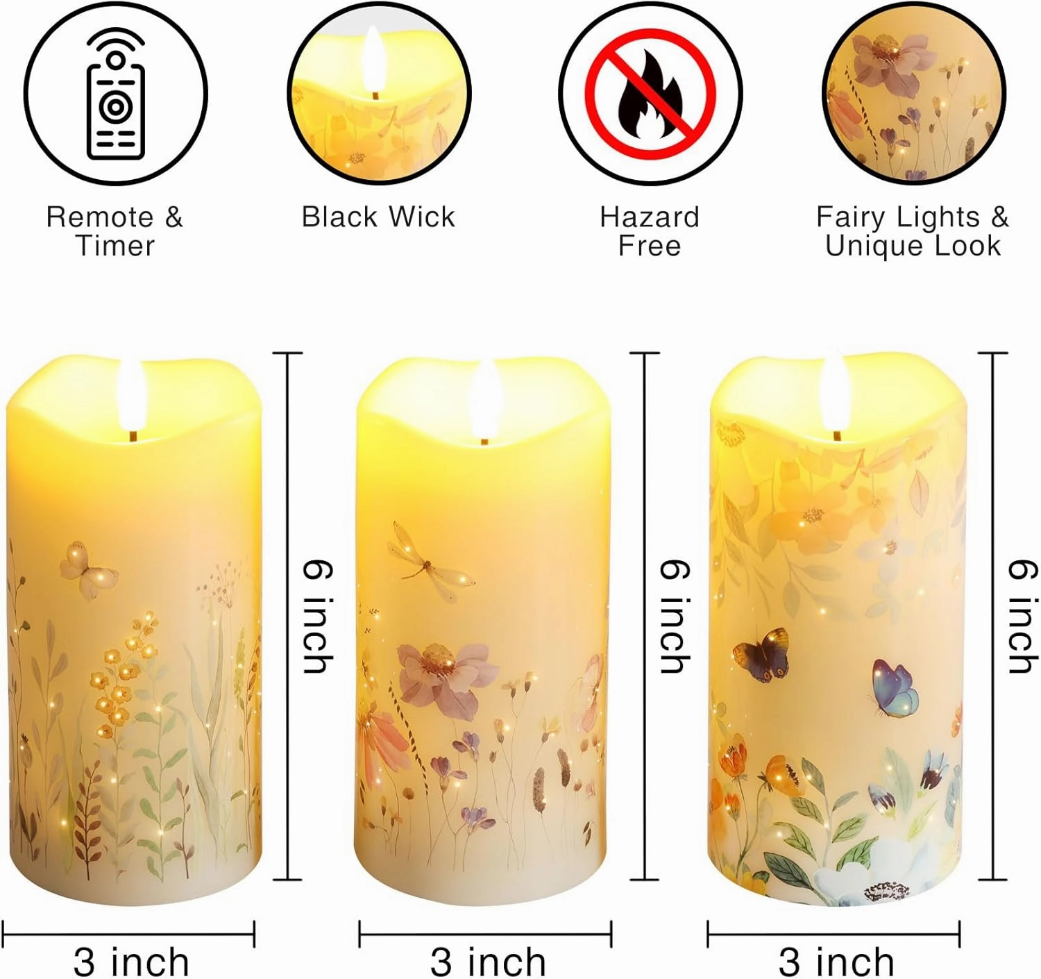 Eywamage Fiber Optic Flameless Candles Set of 3, Butterfly Floral Candles Battery Operated, LED Pillar Candles with Remote Φ 3" H 6"