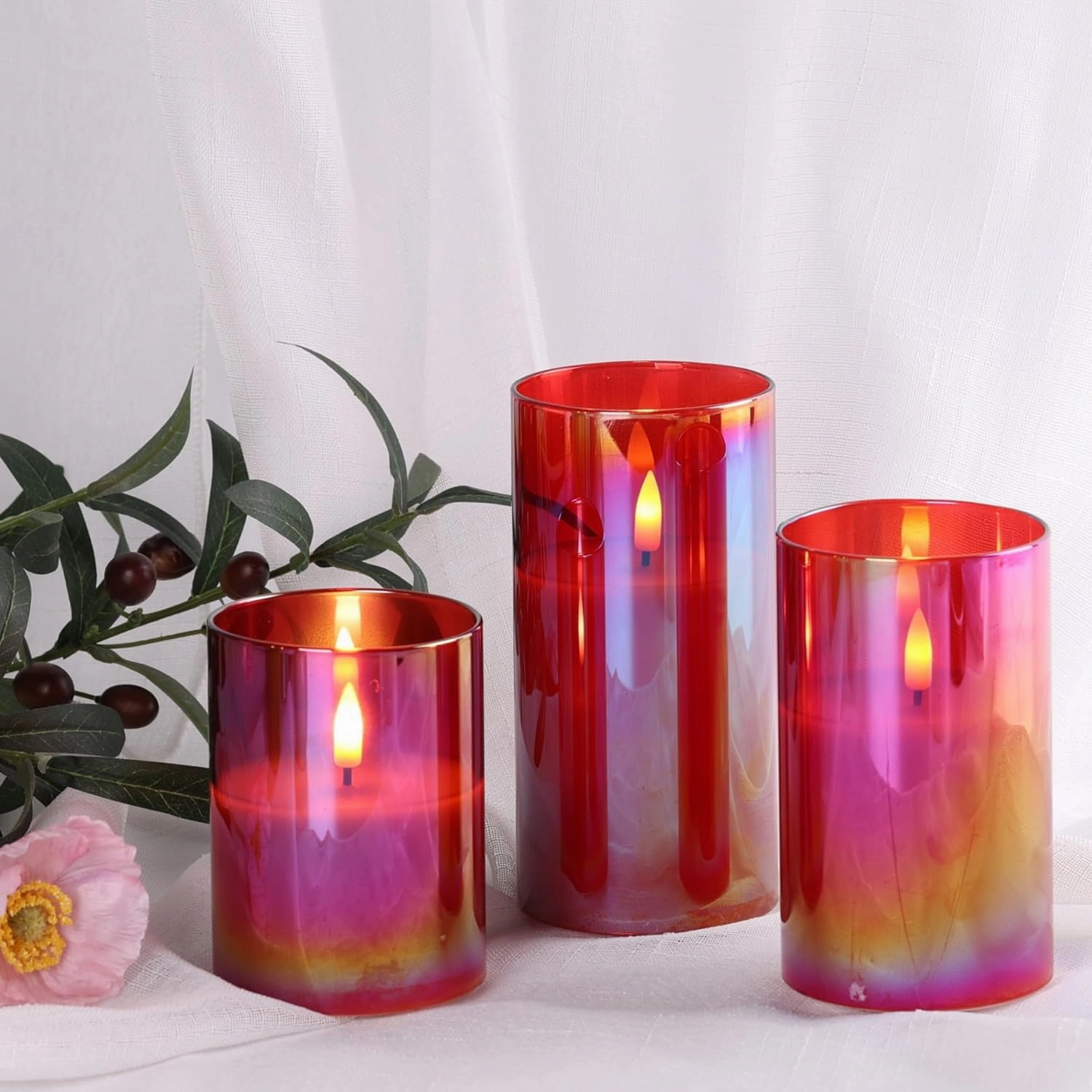Eywamage Red Glass Flameless Pillar Candles with Remote, Flickering Battery LED Wax Candles Set of 3