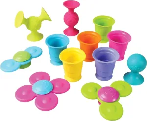 Fat Brain Toys Pipsquigz Whirly-Squigz Suction-Kupz Set - 12 Piece Early Learner Toys - 6 Suction Kupz Stacking Toys, 3 PipSquigz, 3 Whirly Squigz Spinners in Zippered Storage Case - BPA-Free Silicone