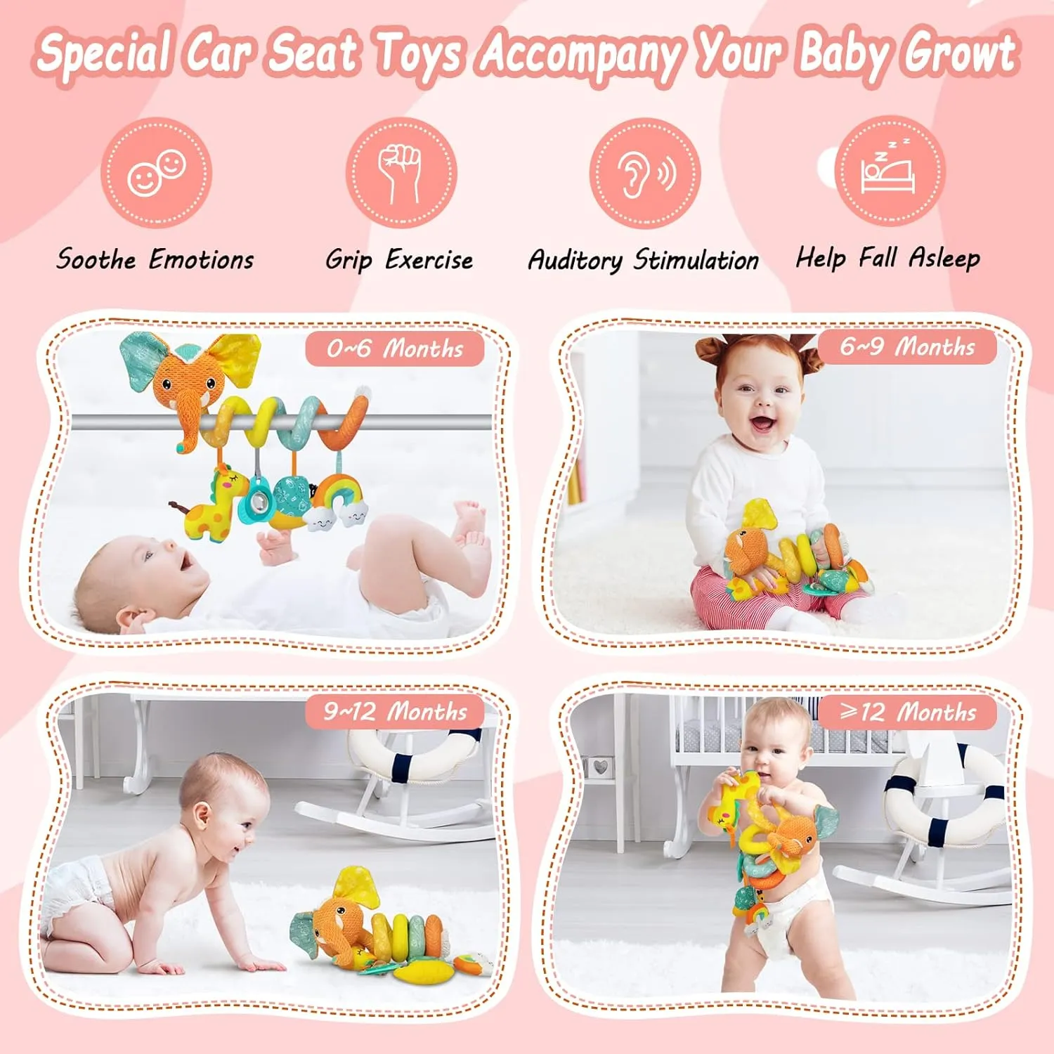 FATI Car Seat Toys for Babies 0-6 Months, Sensory Toys with Squeaker Teether Rattles, Ideal Gifts