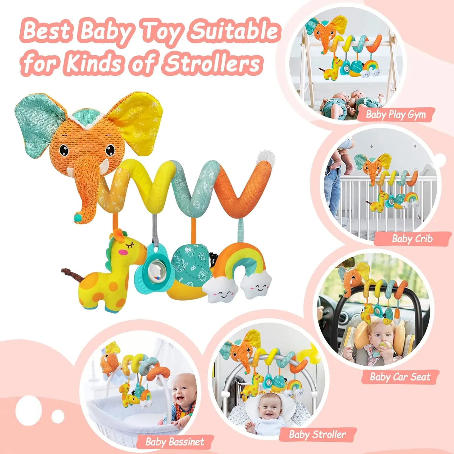 FATI Car Seat Toys for Babies 0-6 Months, Sensory Toys with Squeaker Teether Rattles, Ideal Gifts