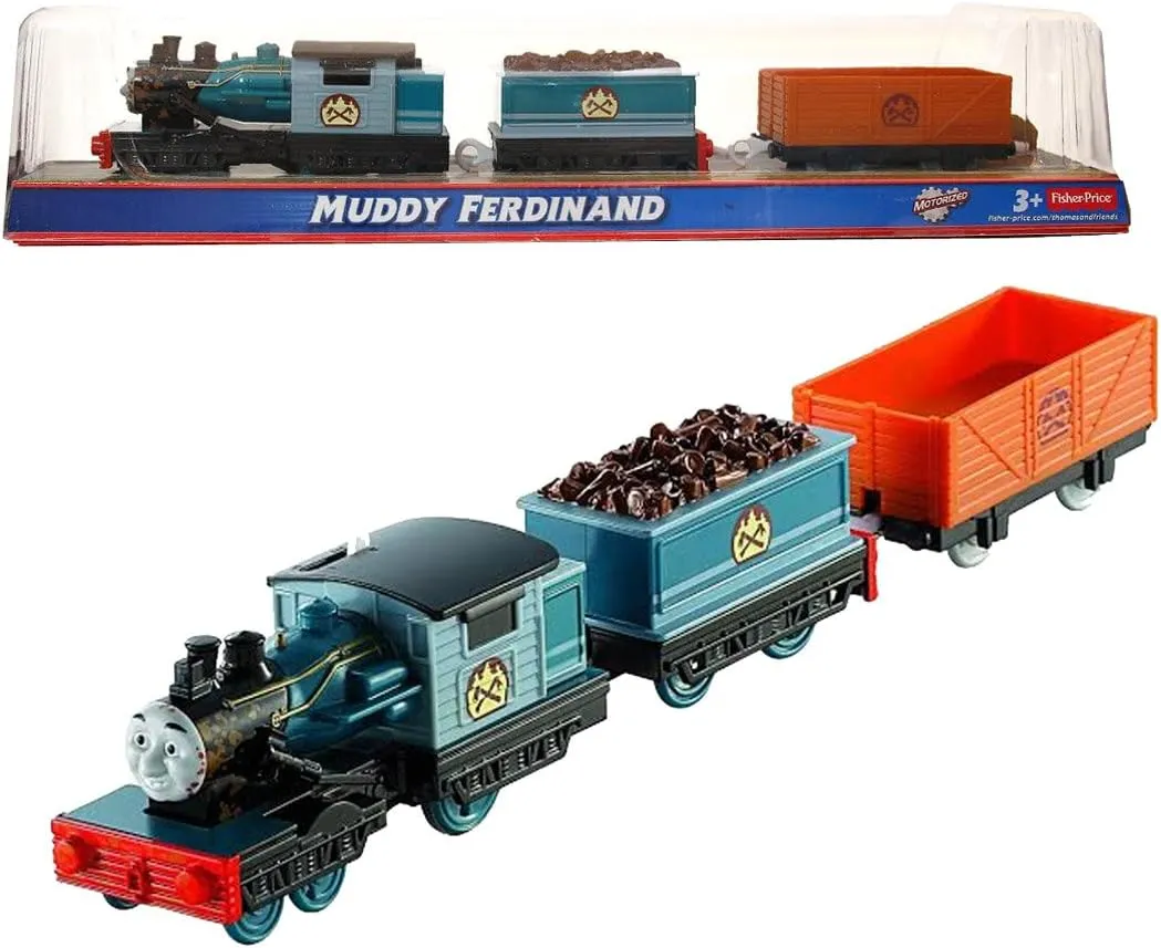 Fisher Price 2013 Thomas and Friends Greatest Moments Series Trackmaster Motorized Railway Battery Powered Train Set - MUDDY FERDINAND with Wood Loaded Car and Empty Freight Car