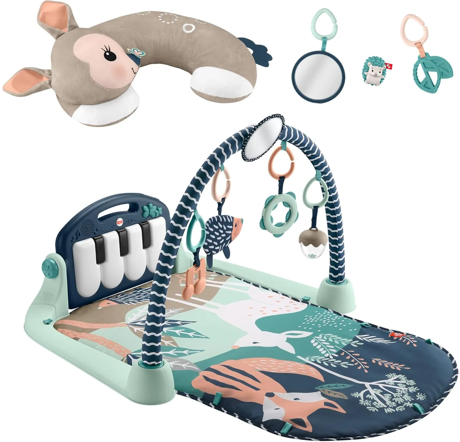Fisher-Price Tummy Time Fawn Wedge   Baby Gym Newborn Playmat with Kick & Play Piano Musical Toy and Tummy-Time Toys, Navy Fawn [Amazon Exclusive]
