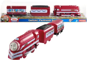 Fisher Price Year 2013 Thomas and Friends As Seen On "King of the Railway" DVD Series Trackmaster Motorized Railway Battery Powered Tank Engine 3 Pack Train Set - CAITLIN'S PASSENGER EXPRESS with 1 Coal Car and 1 Passenger Car
