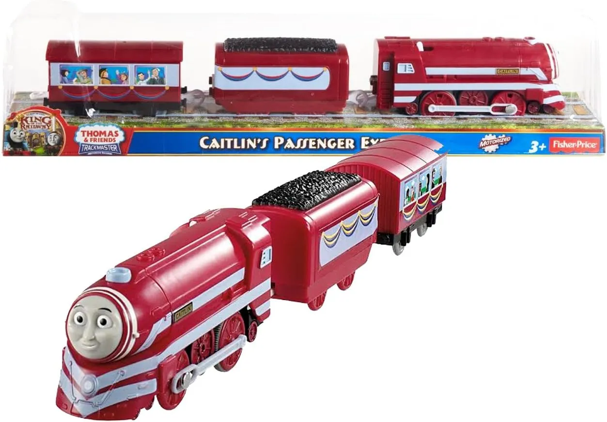 Fisher Price Year 2013 Thomas and Friends As Seen On "King of the Railway" DVD Series Trackmaster Motorized Railway Battery Powered Tank Engine 3 Pack Train Set - CAITLIN'S PASSENGER EXPRESS with 1 Coal Car and 1 Passenger Car