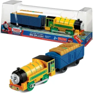 Fisher Price Year 2013 Thomas and Friends Trackmaster "TALKING" Series Motorized Railway Battery Powered Tank Engine Train Set - "Big Splash!" TALKING VICTOR with Timber Loaded Wagon