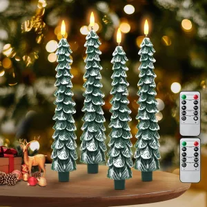 Flameless Candles - 4 Pack Battery Operated Candles with Remote Control, Realistic 3D Flame, Snowy Tree Design for Home Decor & Gifts