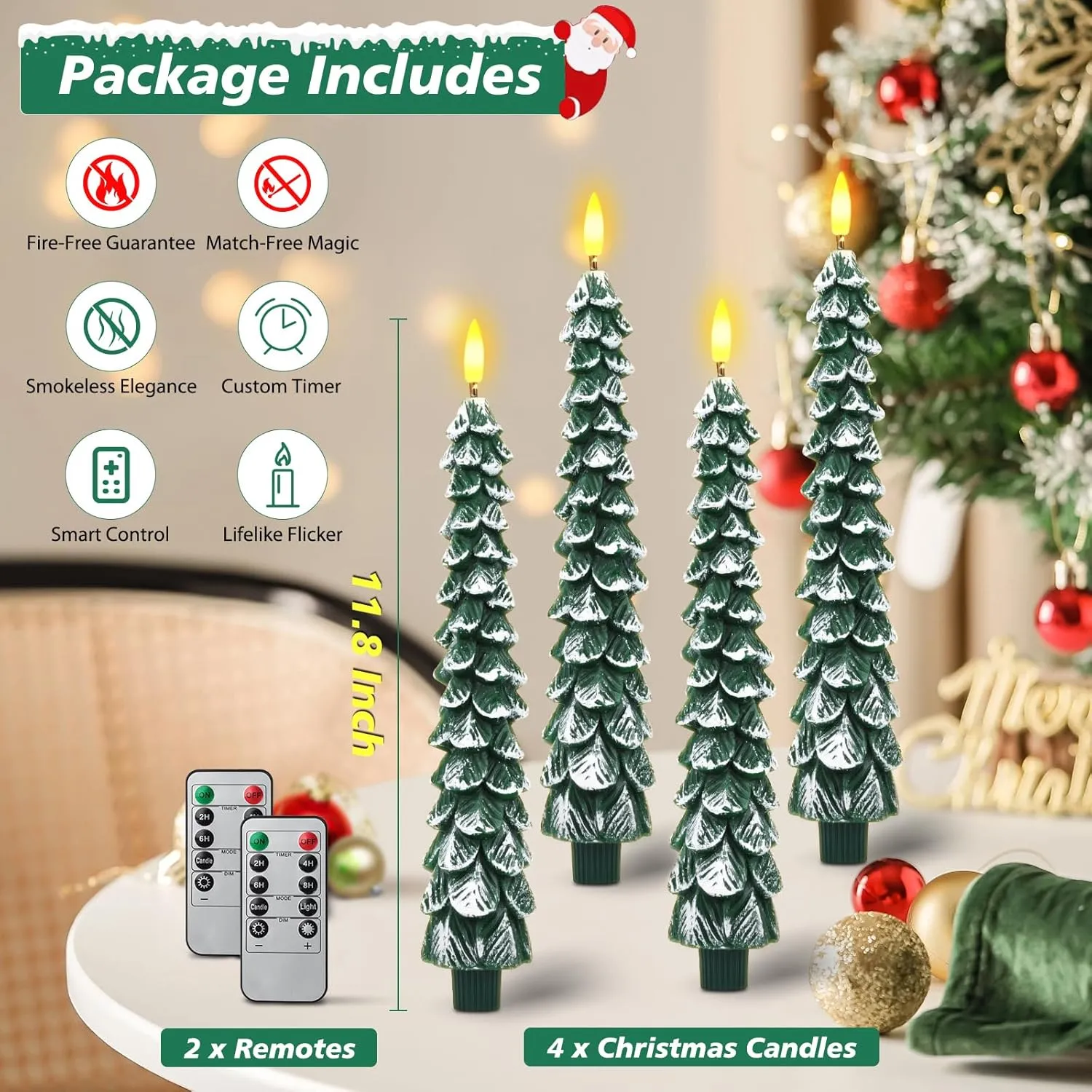 Flameless Candles - 4 Pack Battery Operated Candles with Remote Control, Realistic 3D Flame, Snowy Tree Design for Home Decor & Gifts
