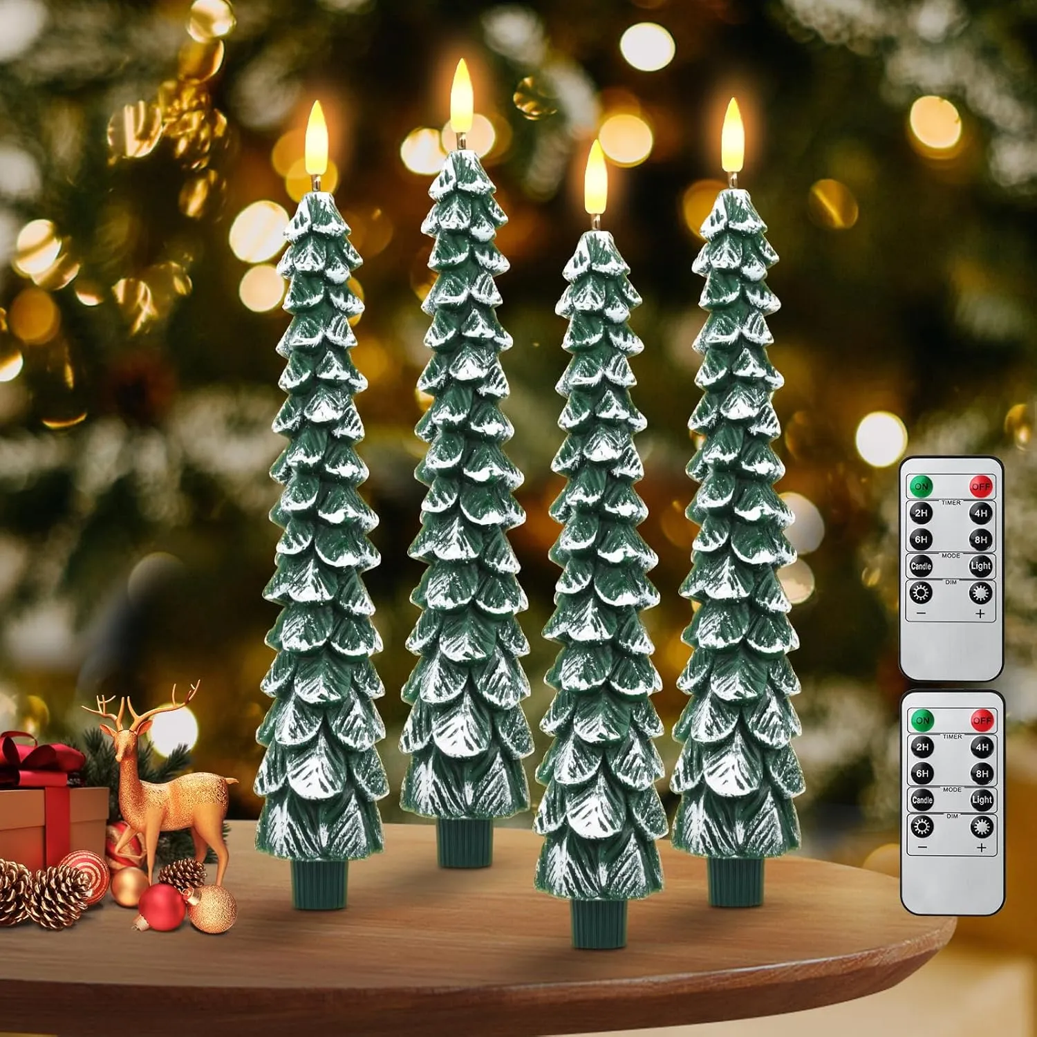 Flameless Candles - 4 Pack Battery Operated Candles with Remote Control, Realistic 3D Flame, Snowy Tree Design for Home Decor & Gifts