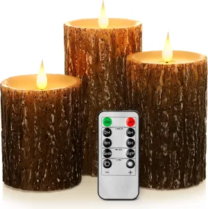 Flameless Candles Battery Operated Pillar Pine Effect Real Wax Flickering 3D Wick Electric LED Decorative Candle Sets with Remote Control Cycling 24 Hours Timer, 4" 5" 6" Pack of 3