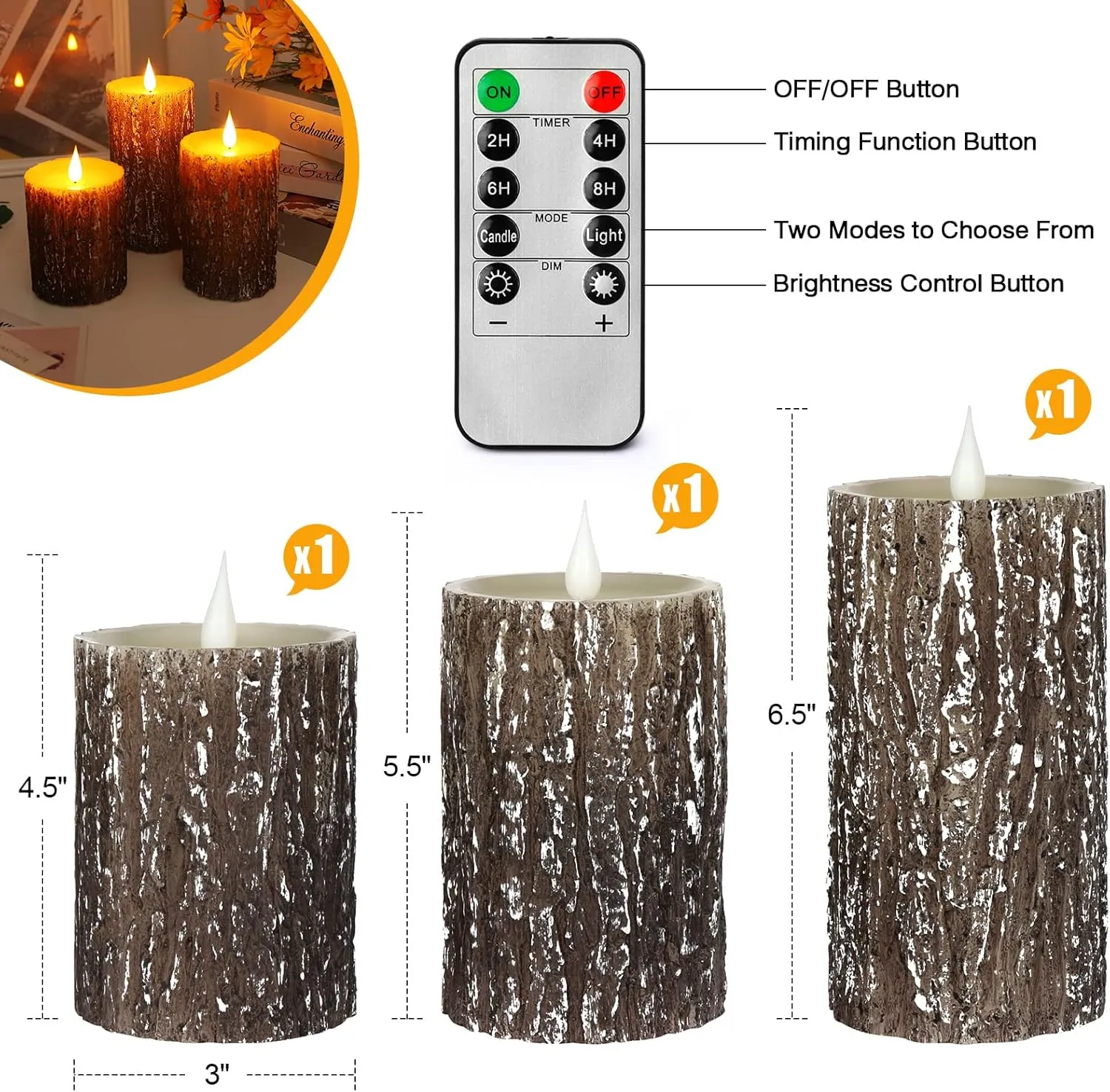 Flameless Candles Battery Operated Pillar Pine Effect Real Wax Flickering 3D Wick Electric LED Decorative Candle Sets with Remote Control Cycling 24 Hours Timer, 4" 5" 6" Pack of 3