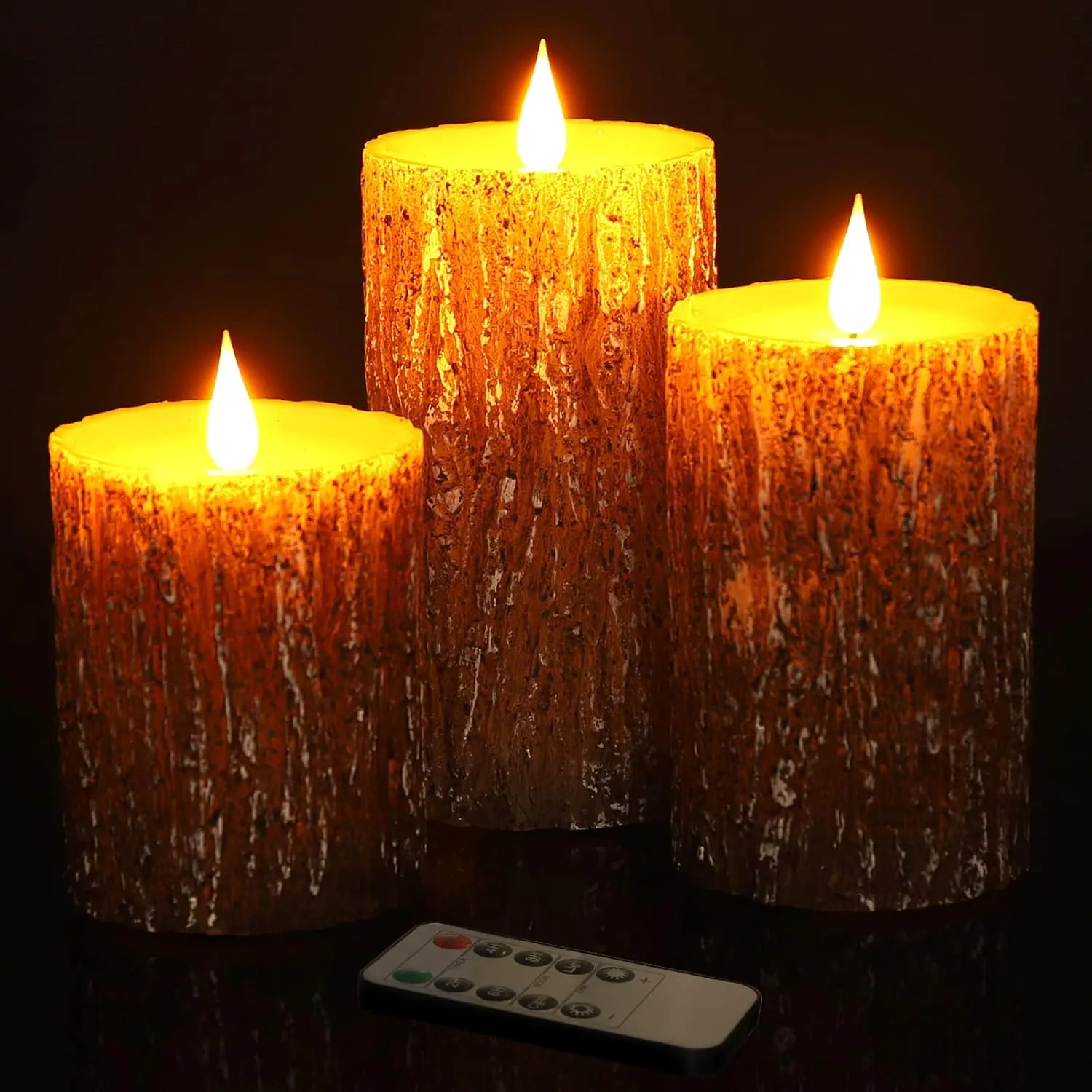 Flameless Candles Battery Operated Pillar Pine Effect Real Wax Flickering 3D Wick Electric LED Decorative Candle Sets with Remote Control Cycling 24 Hours Timer, 4" 5" 6" Pack of 3