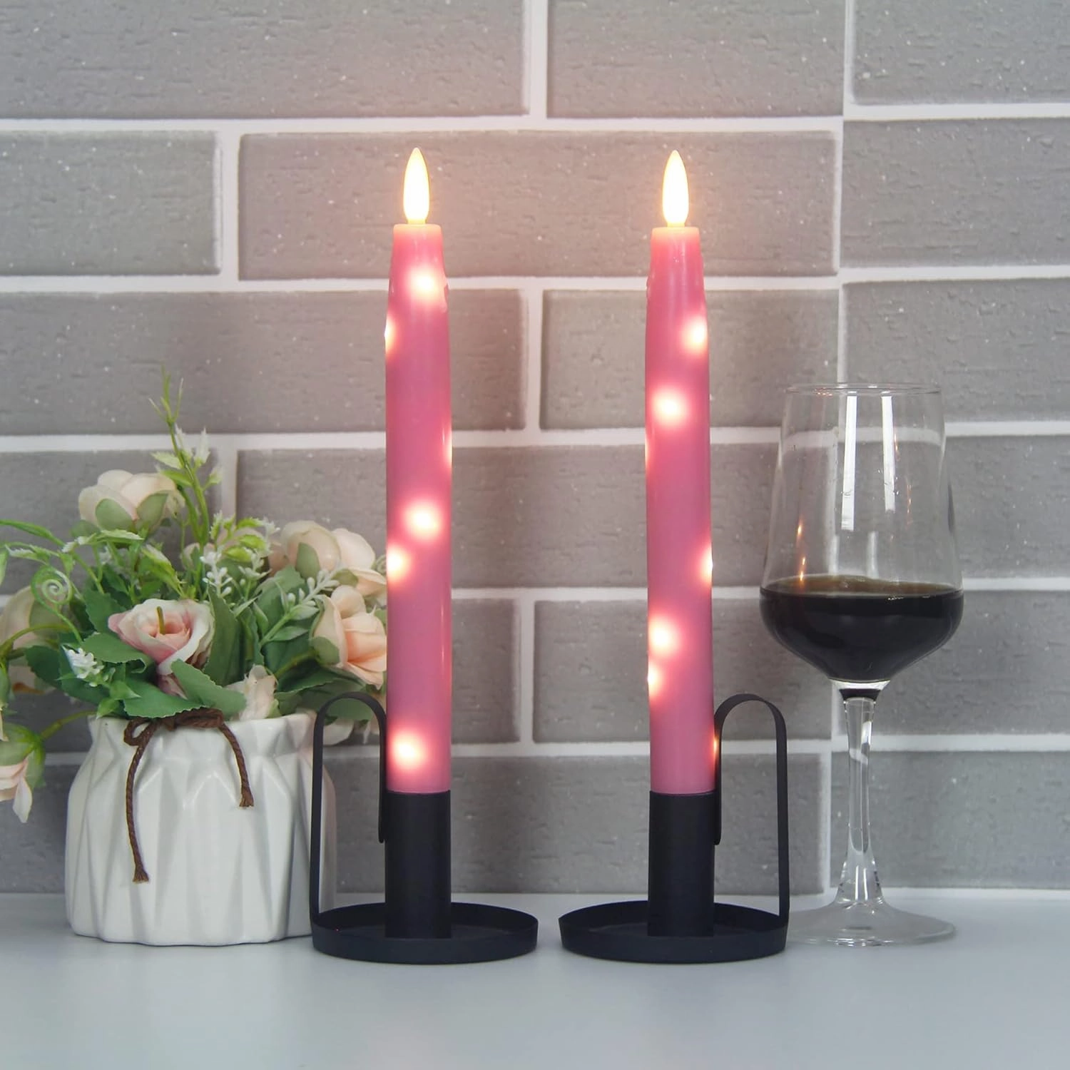 Flameless Flickering Taper Candles Battery Operated with Embedded String Lights, wtih Timer and Remote, LED Real Wax Tapered Dinner Candle Set of 2 (Pink)