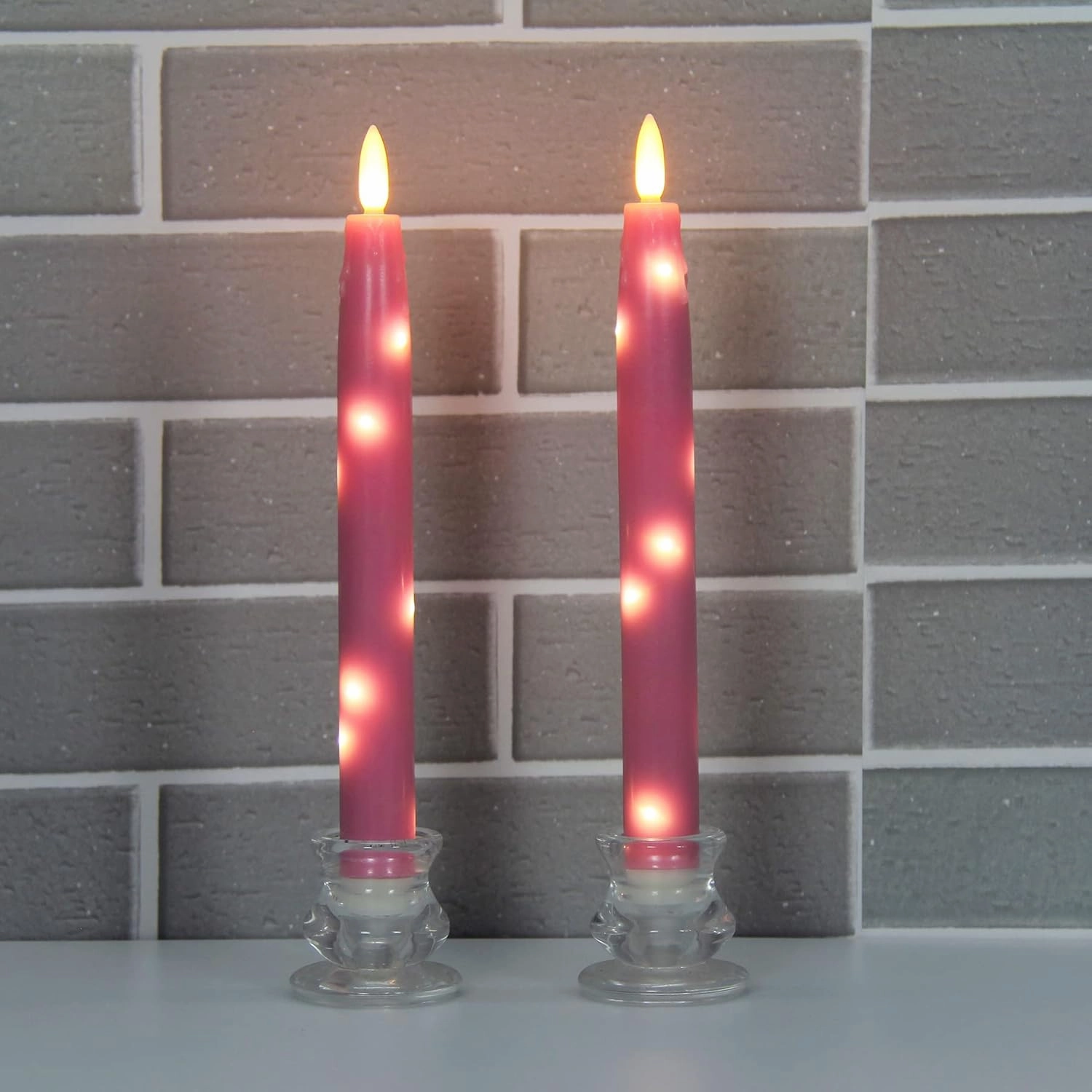 Flameless Flickering Taper Candles Battery Operated with Embedded String Lights, wtih Timer and Remote, LED Real Wax Tapered Dinner Candle Set of 2 (Pink)