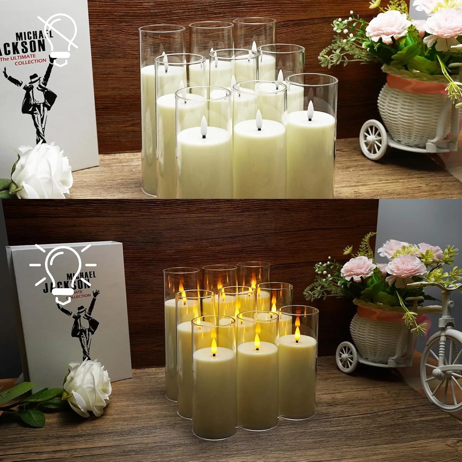 Flickering Flameless Candles Battery Operated with Remote and 2/4/6/8 H Timer Plexiglass Led Pillar Candles Pack of 9 (D2.2"xH 5"6"7")with Realistic Moving Wick Candles for Home Decor(Ivory)