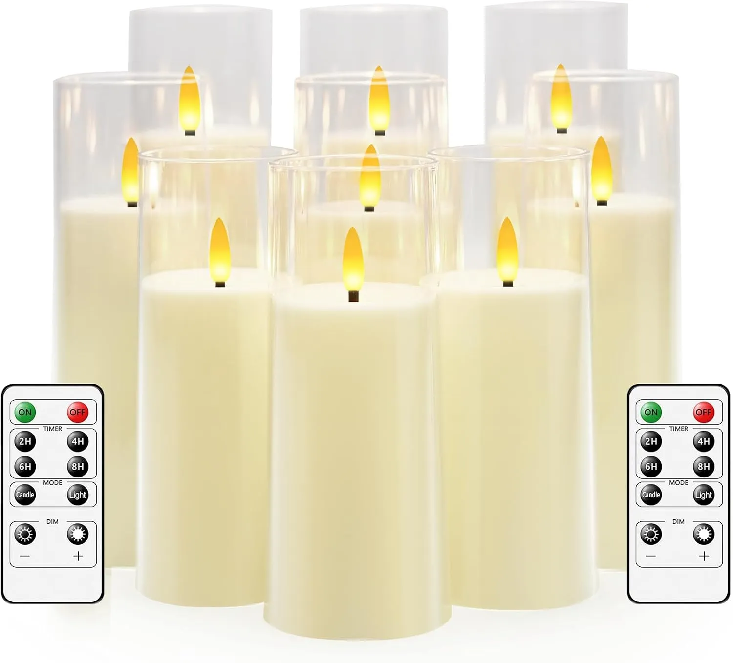 Flickering Flameless Candles Battery Operated with Remote and 2/4/6/8 H Timer Plexiglass Led Pillar Candles Pack of 9 (D2.2"xH 5"6"7")with Realistic Moving Wick Candles for Home Decor(Ivory)