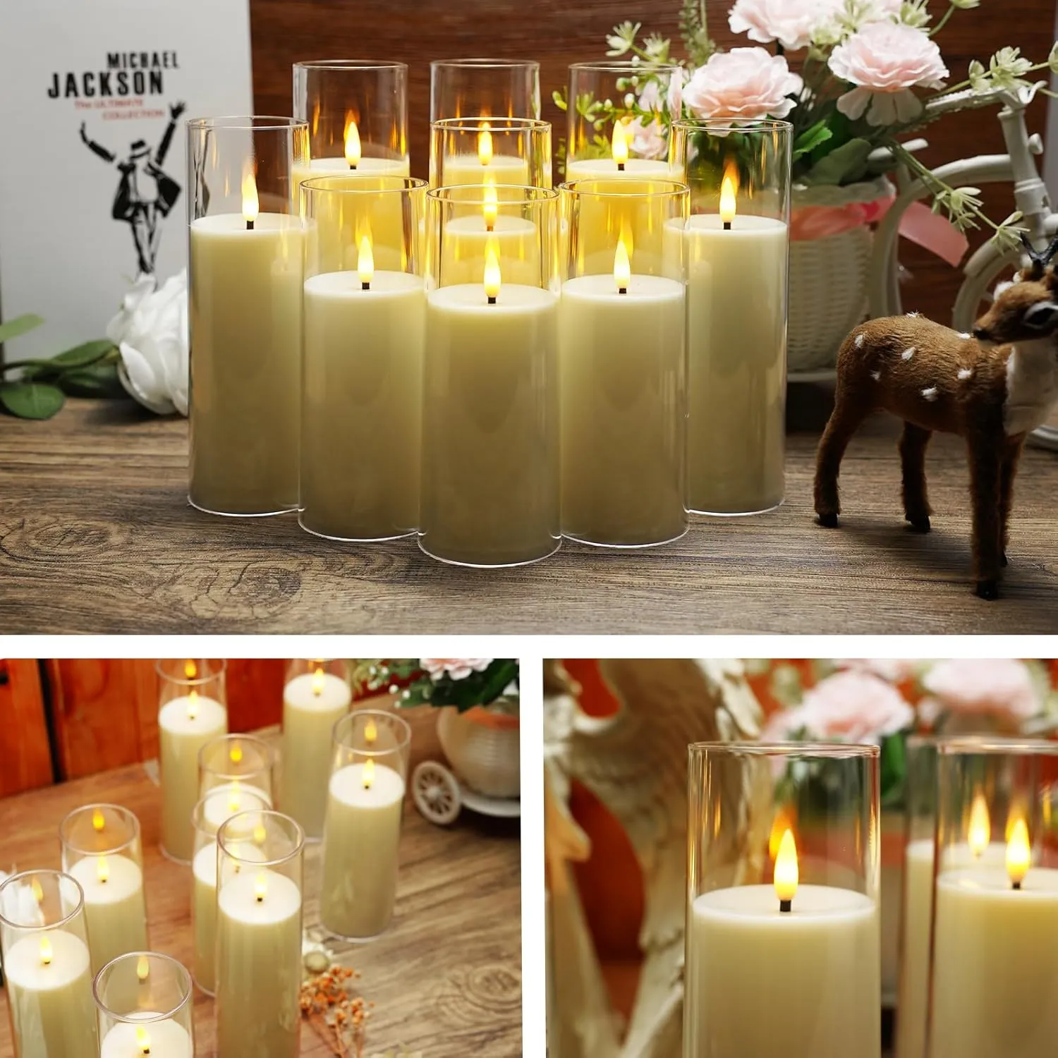 Flickering Flameless Candles Battery Operated with Remote and 2/4/6/8 H Timer Plexiglass Led Pillar Candles Pack of 9 (D2.2"xH 5"6"7")with Realistic Moving Wick Candles for Home Decor(Ivory)
