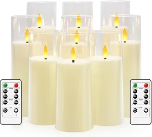 Flickering Flameless Candles Battery Operated with Remote and 2/4/6/8 H Timer Plexiglass Led Pillar Candles Pack of 9 (D2.2"xH 5"6"7")with Realistic Moving Wick Candles for Home Decor(Ivory)