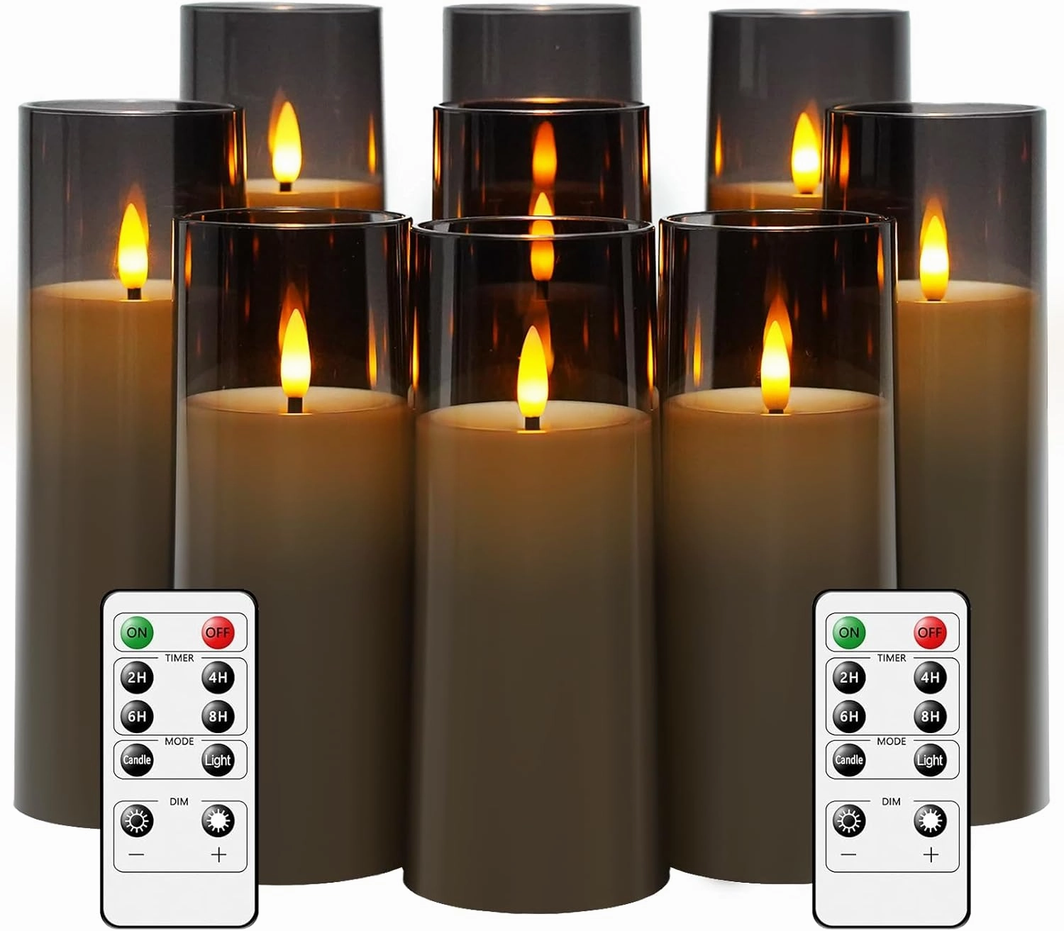 Flickering Flameless Candles Battery Operated with Remote and 2/4/6/8 H Timer Plexiglass Led Pillar Candles Pack of 9 (D2.3 xH 5" 6" 7") with Realistic Moving Wick Candles for Home Decor(Grey)