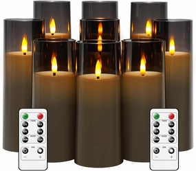 Flickering Flameless Candles Battery Operated with Remote and 2/4/6/8 H Timer Plexiglass Led Pillar Candles Pack of 9 (D2.3 xH 5" 6" 7") with Realistic Moving Wick Candles for Home Decor(Grey)