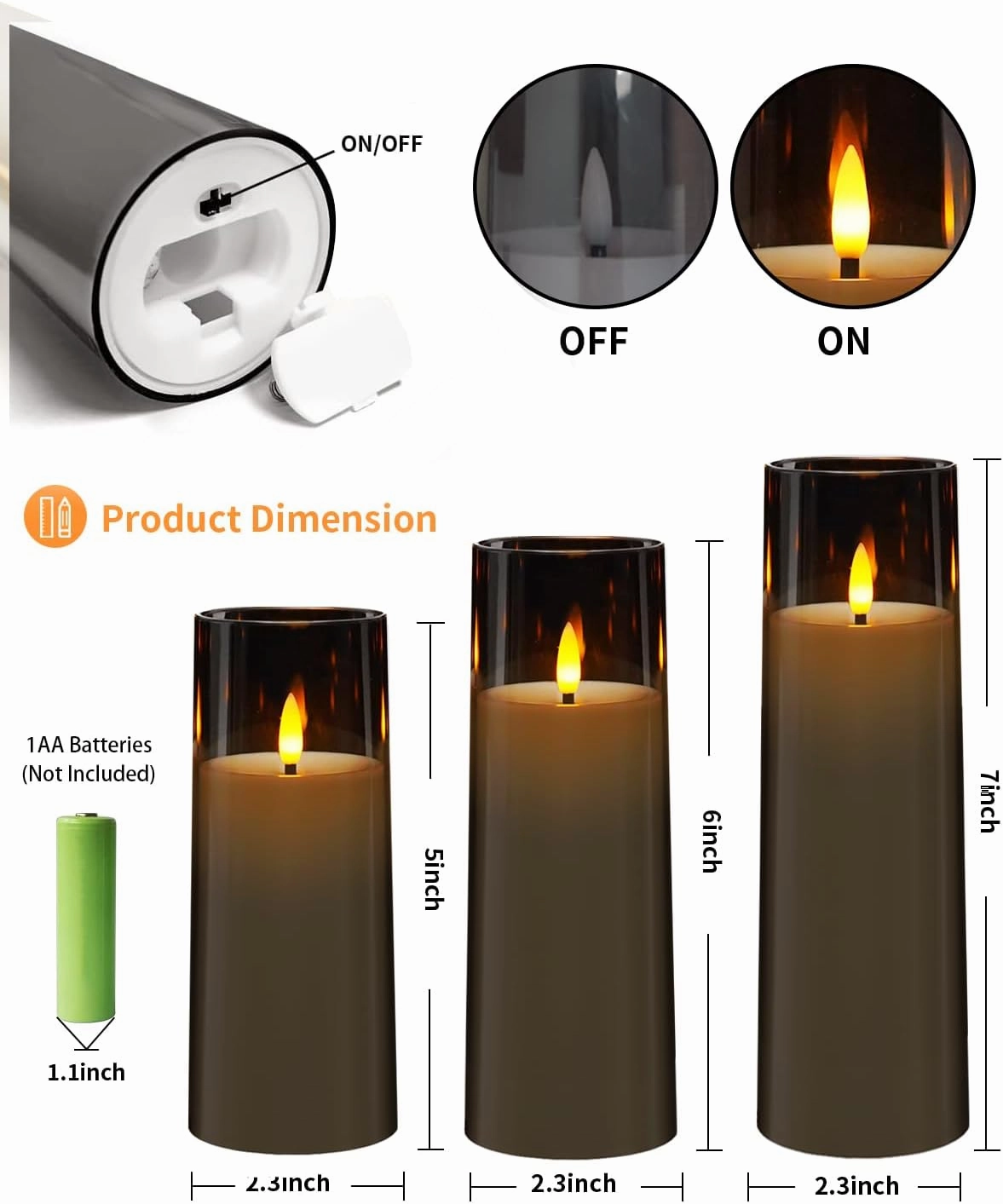 Flickering Flameless Candles Battery Operated with Remote and 2/4/6/8 H Timer Plexiglass Led Pillar Candles Pack of 9 (D2.3 xH 5" 6" 7") with Realistic Moving Wick Candles for Home Decor(Grey)