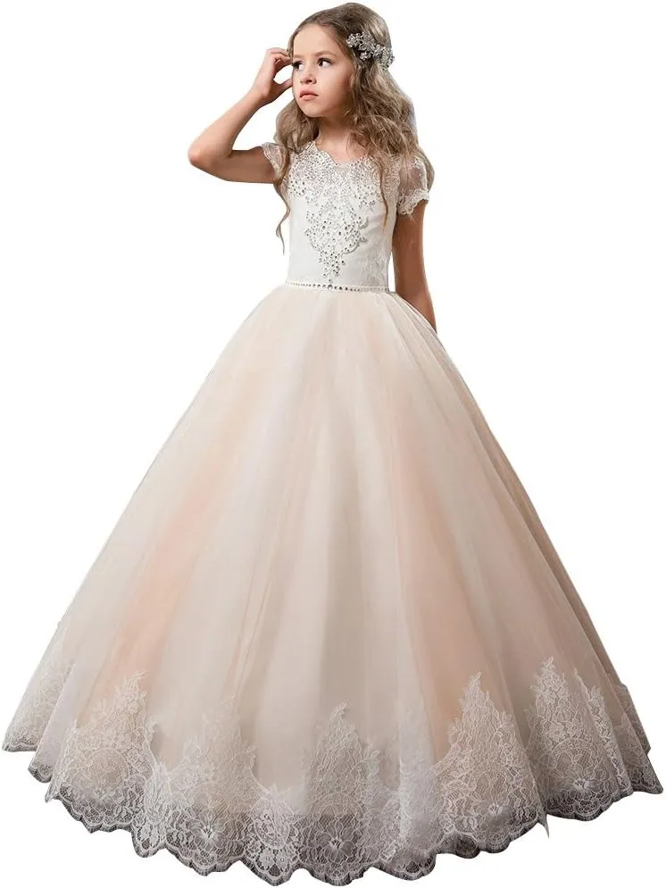 Flower Girl Dress Kids Lace Beaded Pageant Ball Gowns
