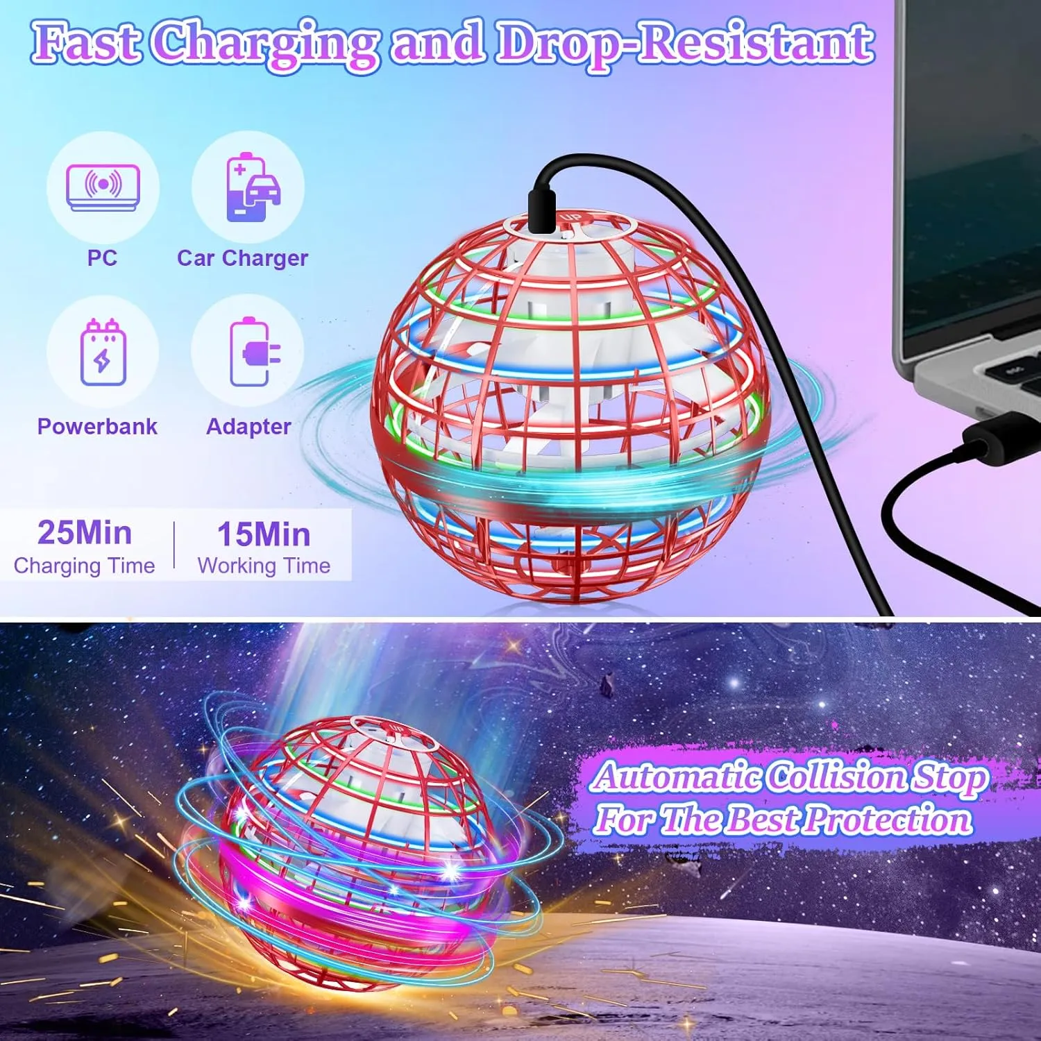 Flying Orb Ball, 2024 Upgraded Flying Ball Toys, Hover Ball Cosmic Globe Ball with LED, Hand Controlled Drone Cool Toys Gift for 6 7 8 9 10 11 12  Years Old Boy Girls Birthday Gift(Red)