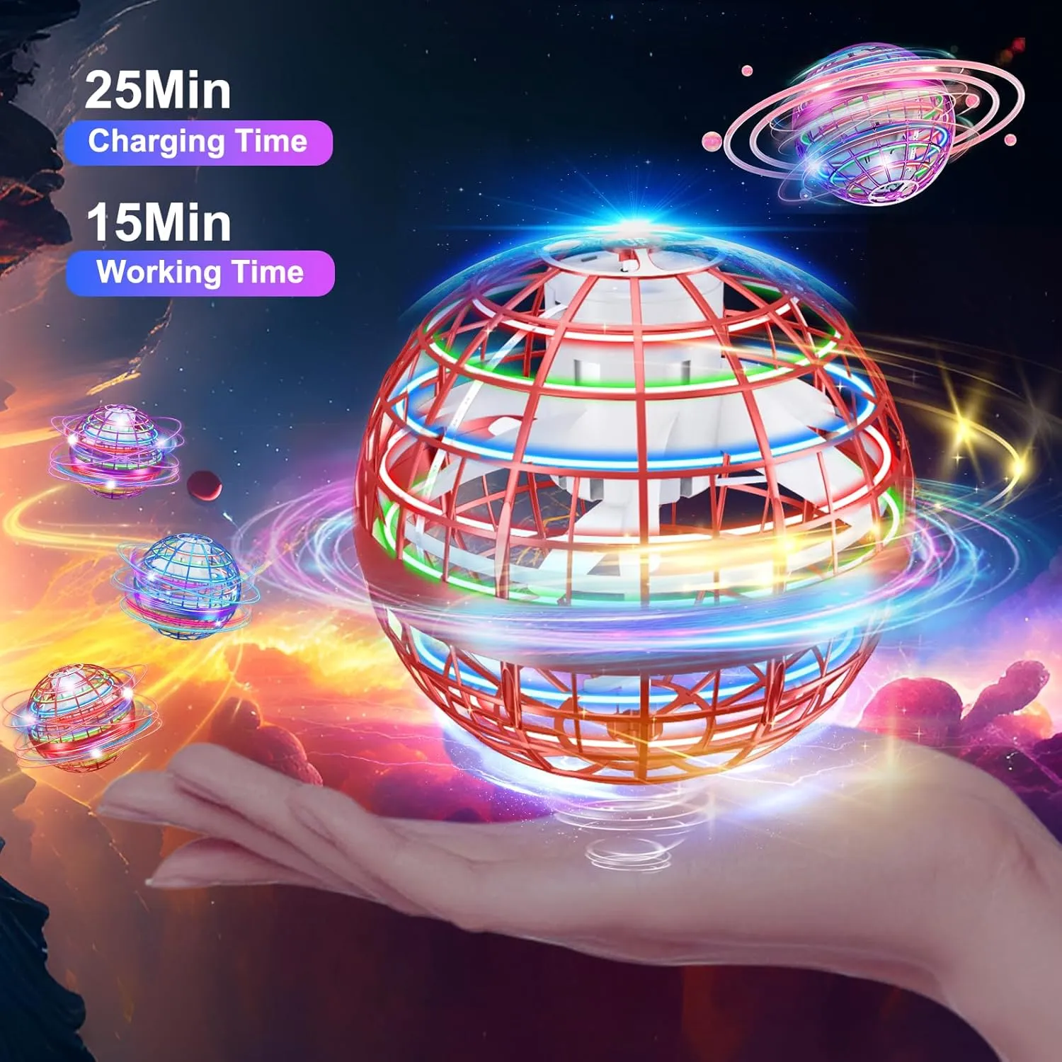 Flying Orb Ball, 2024 Upgraded Flying Ball Toys, Hover Ball Cosmic Globe Ball with LED, Hand Controlled Drone Cool Toys Gift for 6 7 8 9 10 11 12  Years Old Boy Girls Birthday Gift(Red)