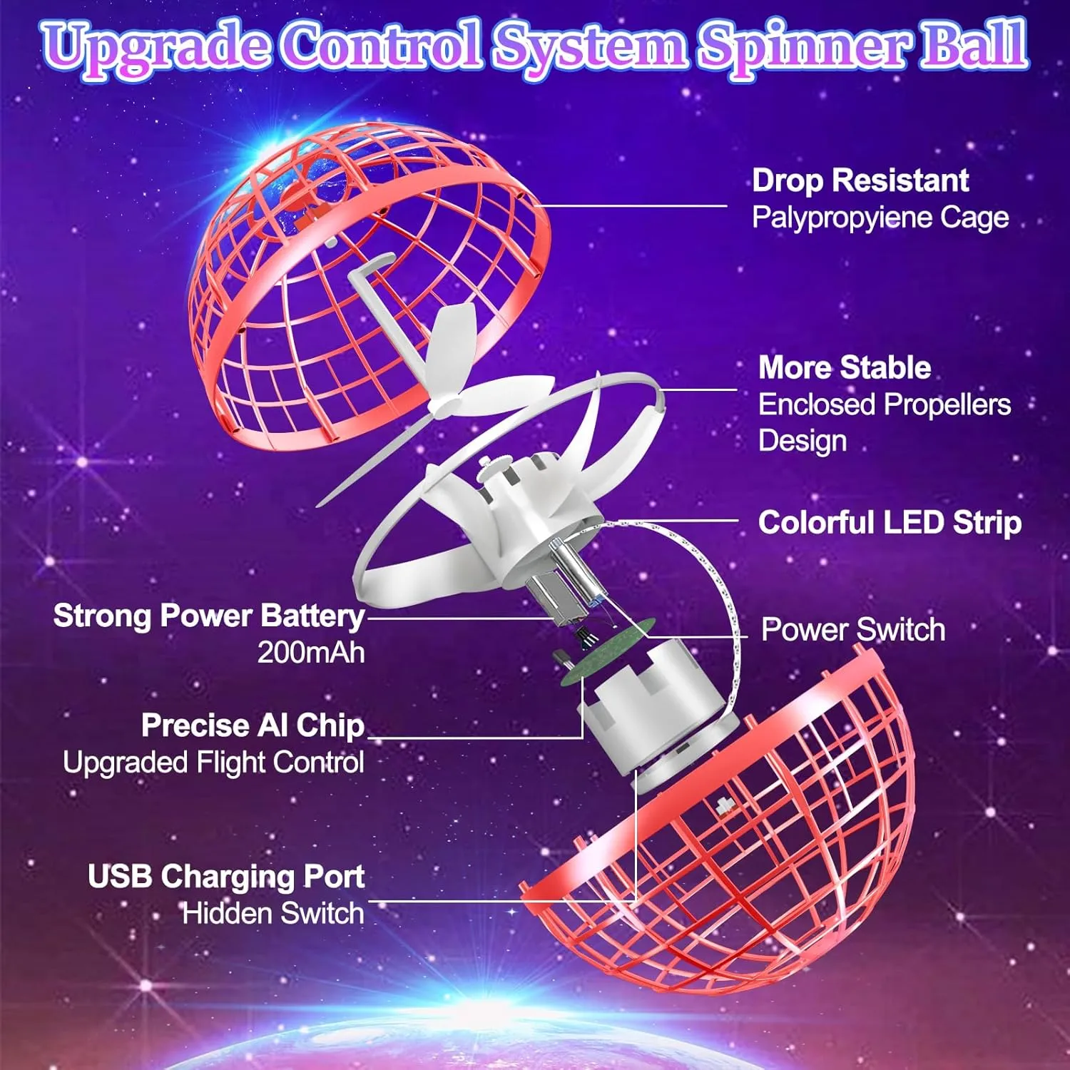 Flying Orb Ball, 2024 Upgraded Flying Ball Toys, Hover Ball Cosmic Globe Ball with LED, Hand Controlled Drone Cool Toys Gift for 6 7 8 9 10 11 12  Years Old Boy Girls Birthday Gift(Red)