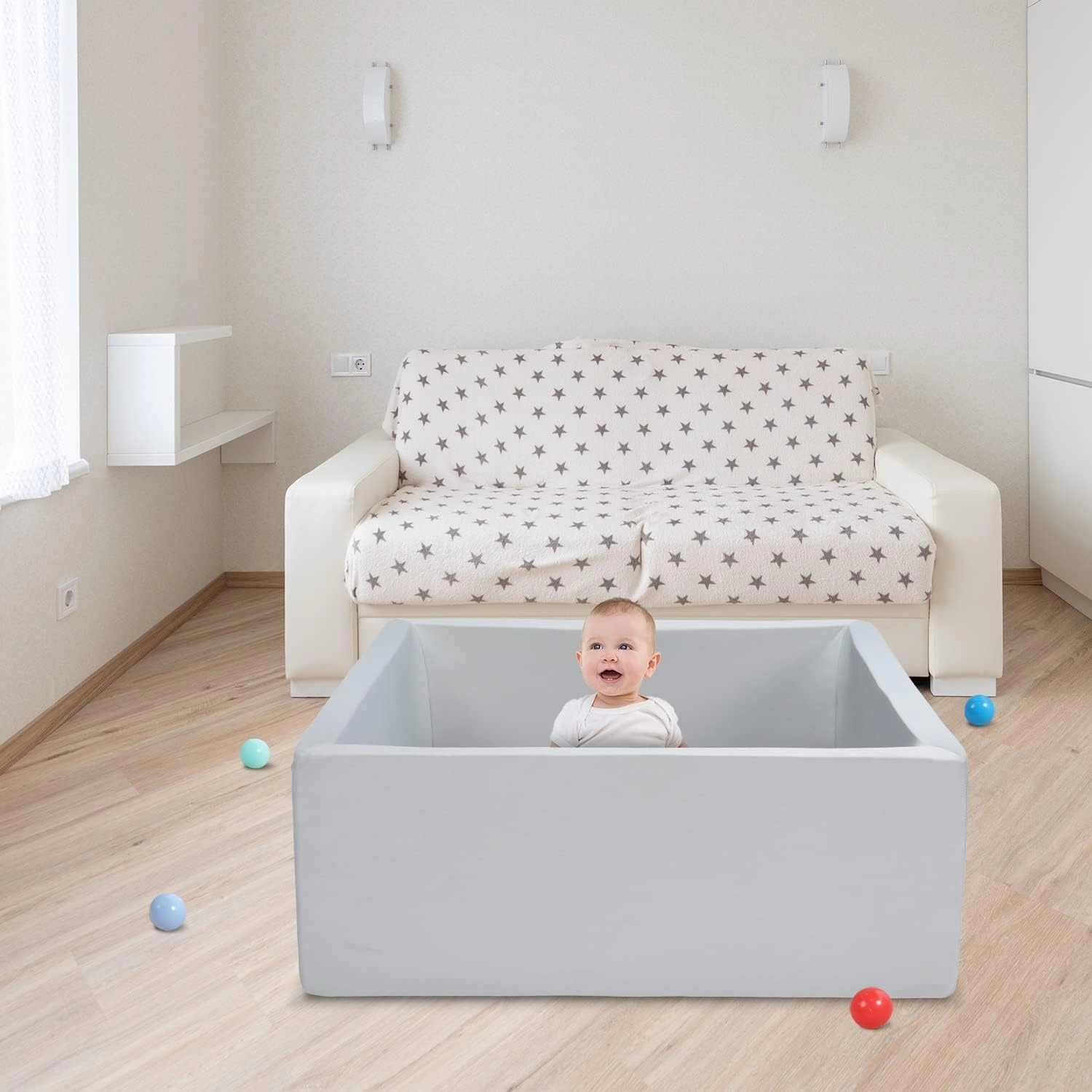 Foam Ball Pit for Toddlers Kids Square Soft Ball Pool Ideal Gift Play Toy for Children Kiddie Pools - Light Gray