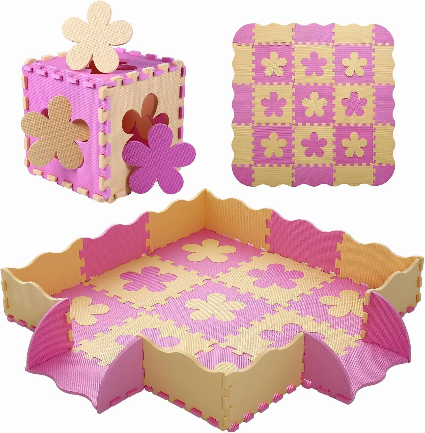 Foam Play Mat for Kids，25Pcs Square Interlocking Puzzle Floor Mat，Baby Play Mat Floor Mat Foam Puzzle Playmat for Toddlers with Fence（Pink Flower-CSH032