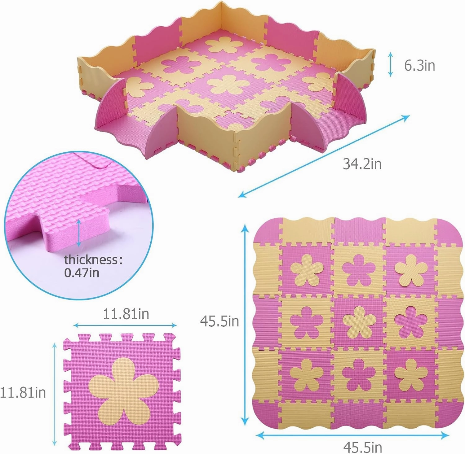 Foam Play Mat for Kids，25Pcs Square Interlocking Puzzle Floor Mat，Baby Play Mat Floor Mat Foam Puzzle Playmat for Toddlers with Fence（Pink Flower-CSH032