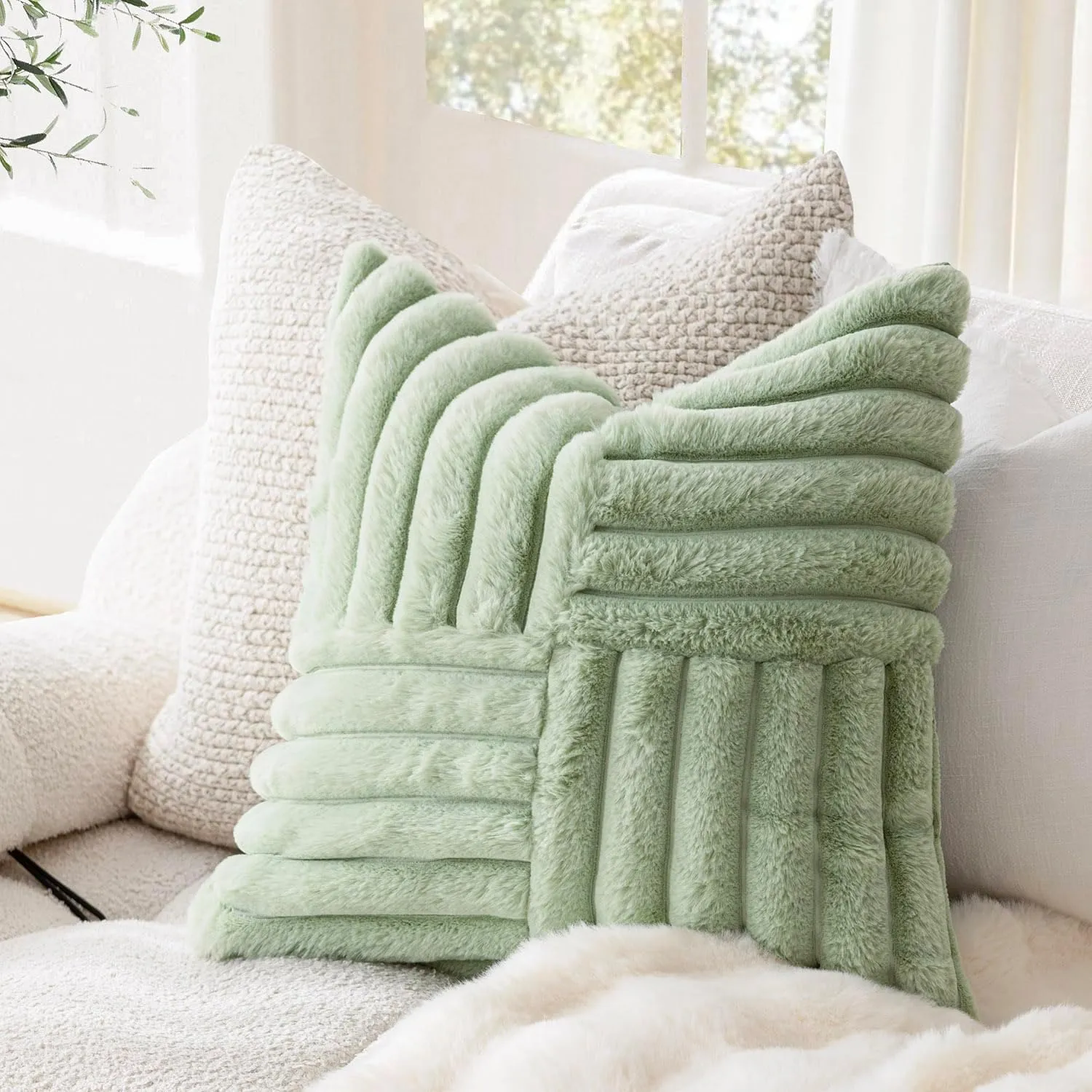 Foindtower Pack of 2, Faux Fur Plush Decorative Throw Pillow Covers Luxury Soft Fluffy Cushion Case Cozy Fuzzy Striped Pillowcase Home Decor for Sofa Couch Living Room Bedroom 20x20 Inch, Sage Green