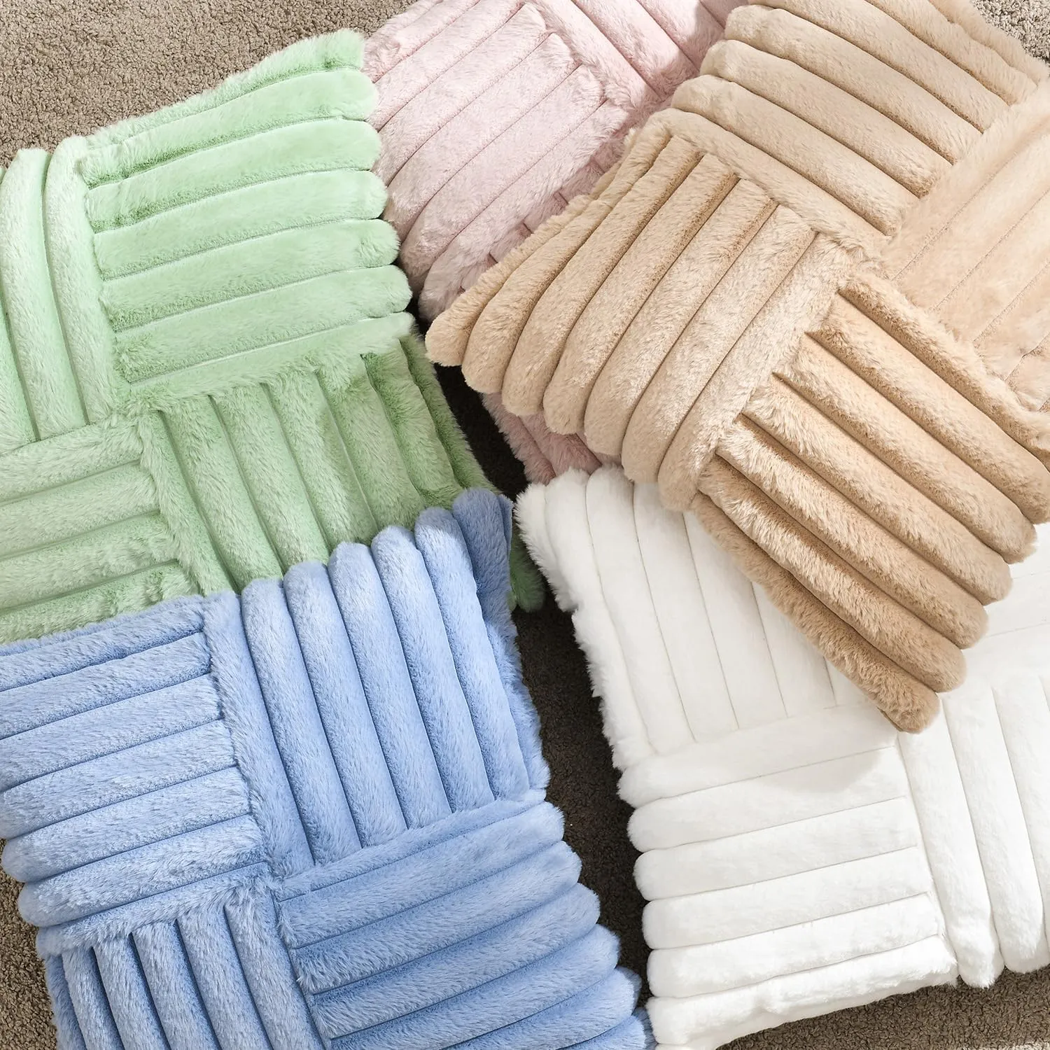 Foindtower Pack of 2, Faux Fur Plush Decorative Throw Pillow Covers Luxury Soft Fluffy Cushion Case Cozy Fuzzy Striped Pillowcase Home Decor for Sofa Couch Living Room Bedroom 20x20 Inch, Sage Green