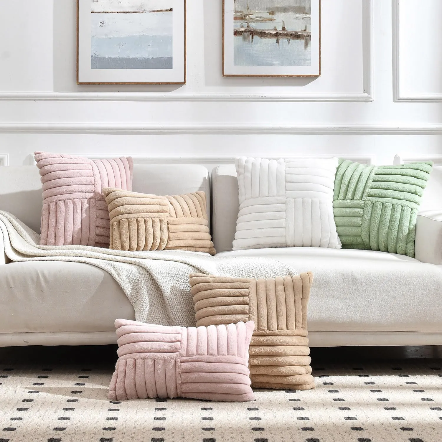 Foindtower Pack of 2, Faux Fur Plush Decorative Throw Pillow Covers Luxury Soft Fluffy Cushion Case Cozy Fuzzy Striped Pillowcase Home Decor for Sofa Couch Living Room Bedroom 20x20 Inch, Sage Green