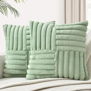 Foindtower Pack of 2, Faux Fur Plush Decorative Throw Pillow Covers Luxury Soft Fluffy Cushion Case Cozy Fuzzy Striped Pillowcase Home Decor for Sofa Couch Living Room Bedroom 20x20 Inch, Sage Green