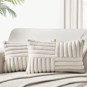 Foindtower Pack of 2, Faux Fur Plush Decorative Throw Pillow Covers Soft Fluffy Lumbar Cushion Case Cozy Fuzzy Striped Pillowcase Home Decor for Sofa Couch Living Room Bedroom 12x20 Inch, Grey Beige