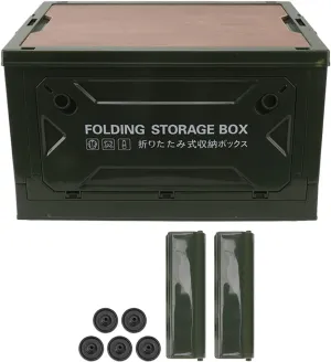 Folding Camping Storage Box with Wooden Lid, Storage Bin Container with Wheels, 50L Large Capacity, Sturdy and for Car Camping Picnic (Green)