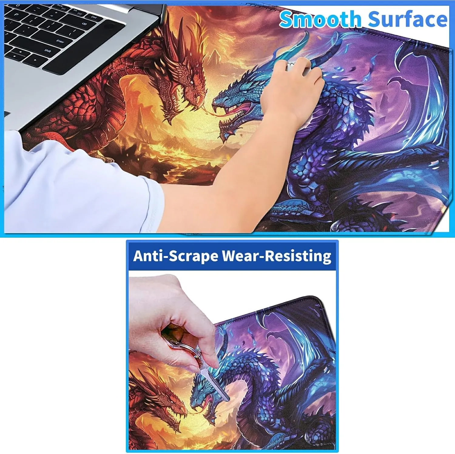 for MTG Playmat 24 x 14 Inches, Card Playmat Stitched with Magic Zones Commander Deck Gaming Desk Mat Card Gameplay Pad for MTG TCG Trading Card Inked Game - Red Blue Dragon