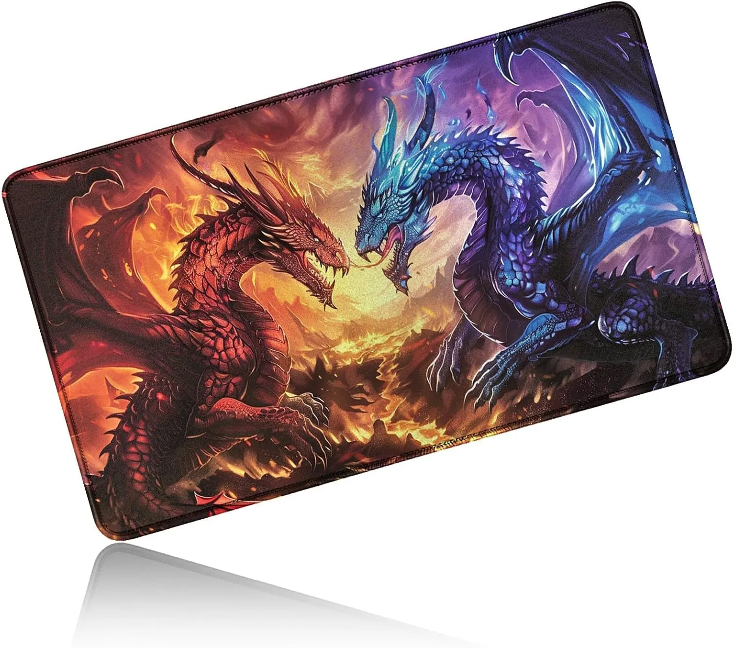 for MTG Playmat 24 x 14 Inches, Card Playmat Stitched with Magic Zones Commander Deck Gaming Desk Mat Card Gameplay Pad for MTG TCG Trading Card Inked Game - Red Blue Dragon