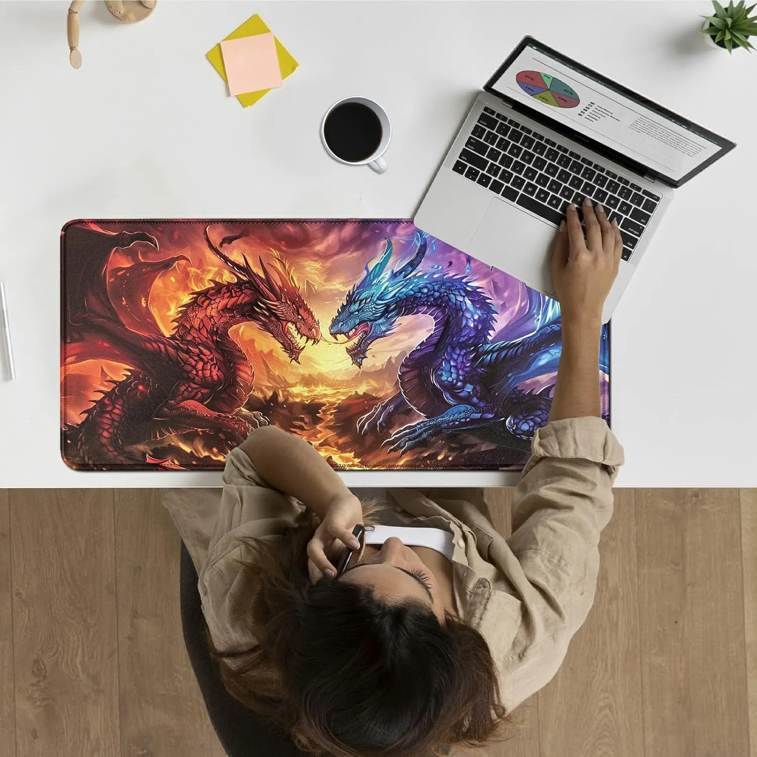 for MTG Playmat 24 x 14 Inches, Card Playmat Stitched with Magic Zones Commander Deck Gaming Desk Mat Card Gameplay Pad for MTG TCG Trading Card Inked Game - Red Blue Dragon