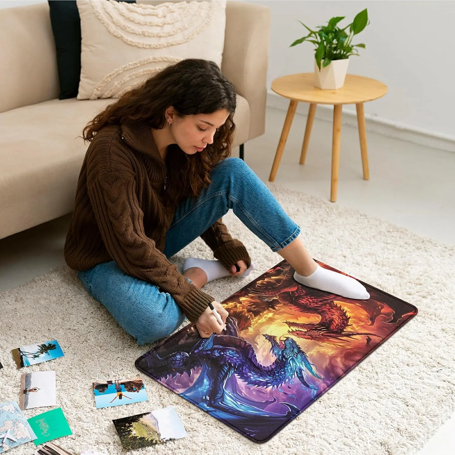 for MTG Playmat 24 x 14 Inches, Card Playmat Stitched with Magic Zones Commander Deck Gaming Desk Mat Card Gameplay Pad for MTG TCG Trading Card Inked Game - Red Blue Dragon