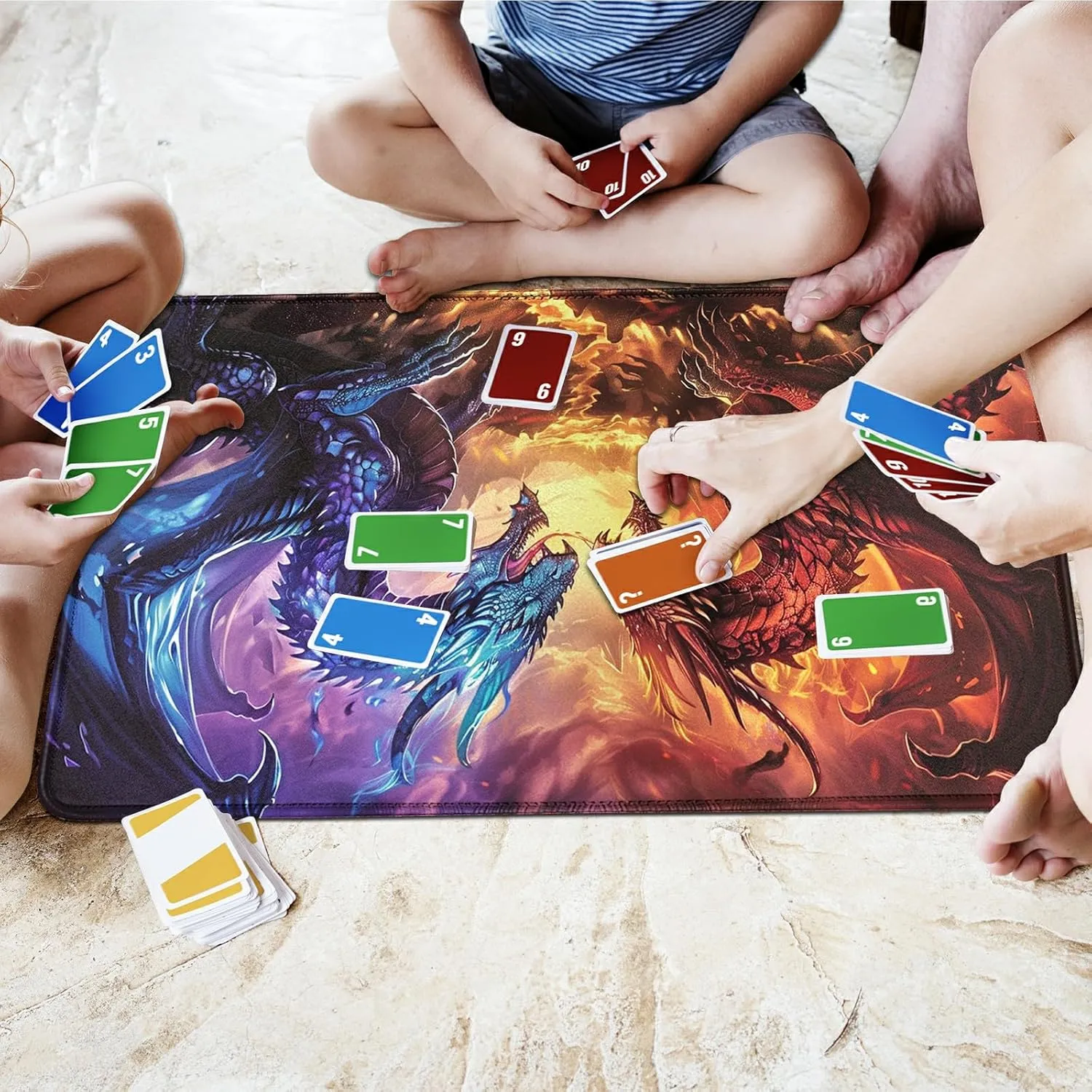 for MTG Playmat 24 x 14 Inches, Card Playmat Stitched with Magic Zones Commander Deck Gaming Desk Mat Card Gameplay Pad for MTG TCG Trading Card Inked Game - Red Blue Dragon