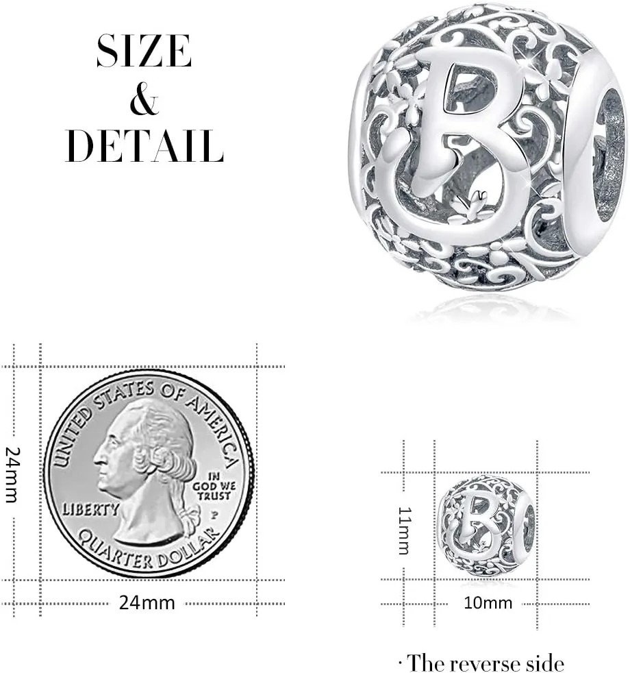 FOREVER QUEEN Letter Alphabet Charm A-Z Initial Charm Beads 925 Sterling Silver Letter Charms for Bracelets Necklace