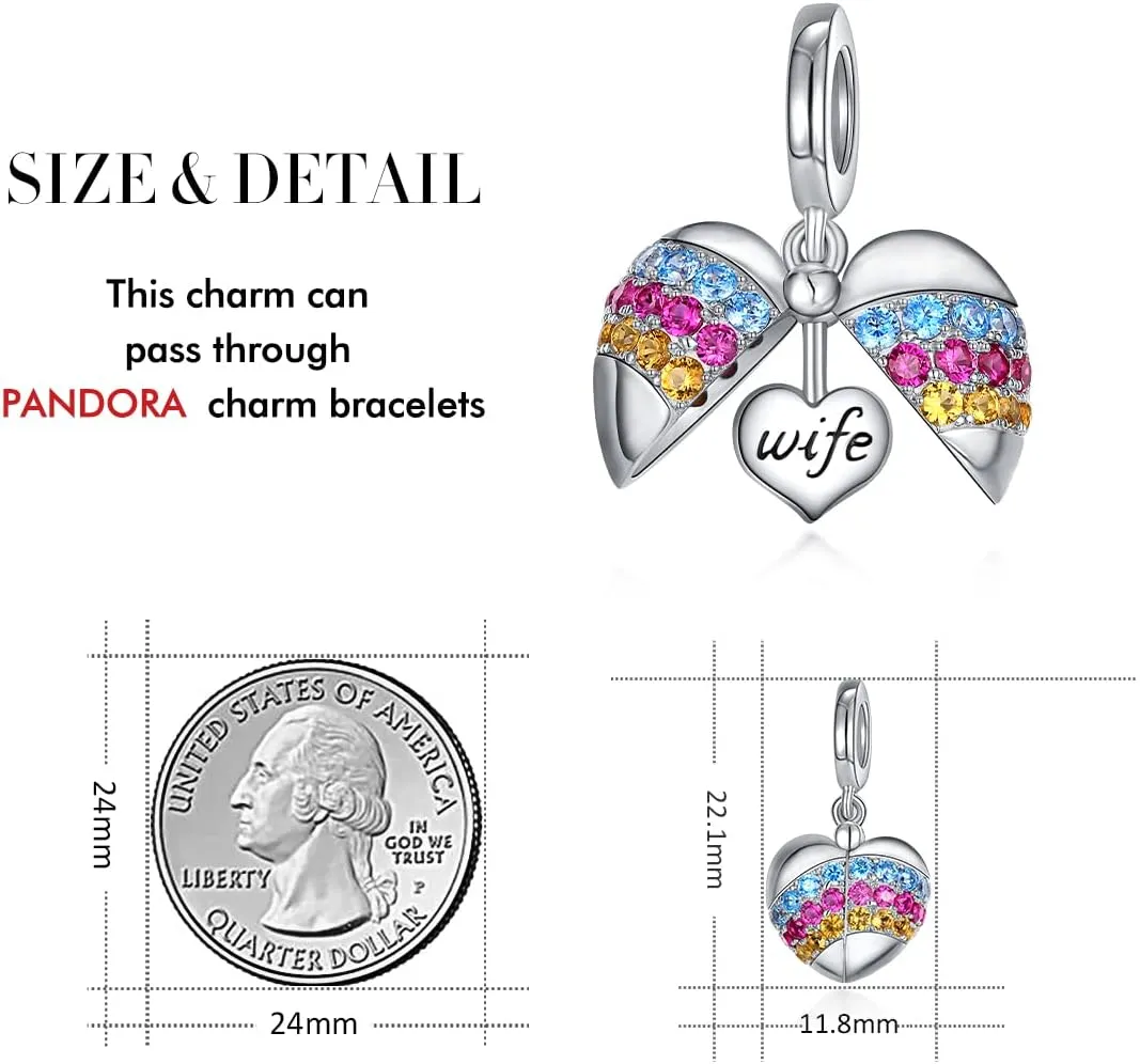 FOREVER QUEEN Wings of Angel 925 Sterling Silver Heart Charms for Women Engraved with wife mom, Compatible with Charms Bracelet and Necklace…