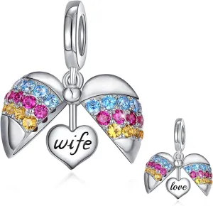 FOREVER QUEEN Wings of Angel 925 Sterling Silver Heart Charms for Women Engraved with wife mom, Compatible with Charms Bracelet and Necklace…