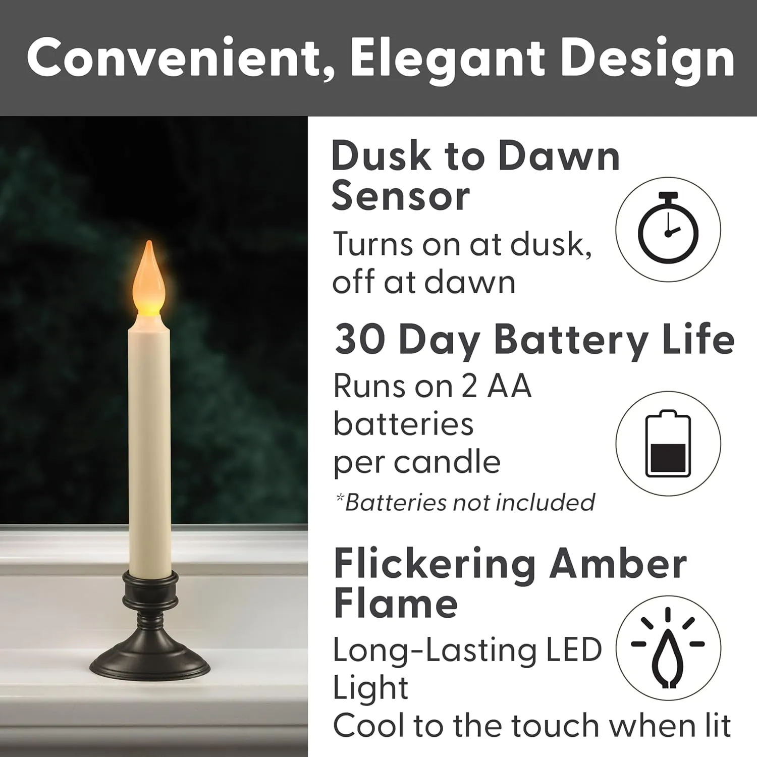 FPC1205A-4 Battery Operated LED Window Candle, Dusk to Dawn Light Sensor, Aged Bronze Plastic Base, Amber Flicker Flame, 8-7/8 Inch